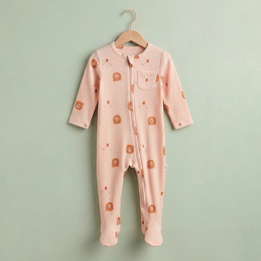 Teddy Bear Ribbed Footed Baby Romper